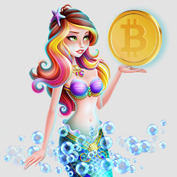 blonde mermaid covered in bubbles holding a Bitcoin coin in her hand