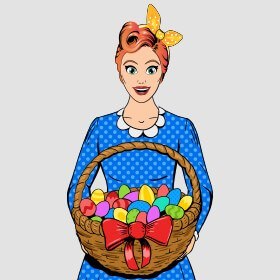 Slots Lotty in a blue dress holding an easter basket filled with colored eggs