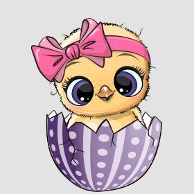 baby chicken with a pink bow on its head cracking out of a purple colored easter egg