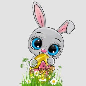 grey easter bunny holding a golden egg