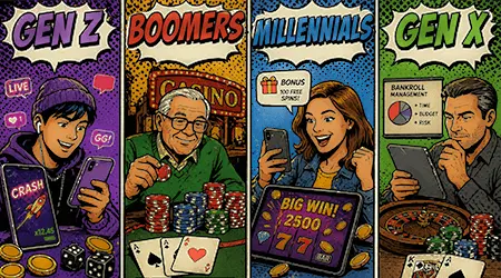 Online casino trends by generation showing Gen Z, Millennials, Gen X and Boomers playing slots, poker and mobile casino games at Slots Capital