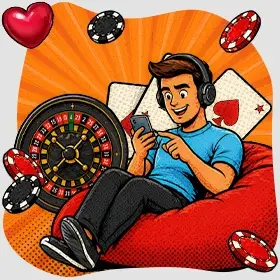 Player enjoying mobile slots and roulette on smartphone at Slots Capital Online Casino with chips and gaming icons around