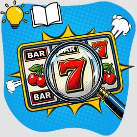 A magnifying glass examining slot machine symbols to find patterns and predict wins
