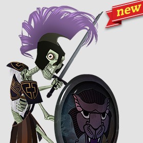 Jason's Quest, armored Skeleton from Jasons Quest slot game with a sword and a shield