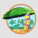 hawaiian dreams slot icon, green umbrella at the beach with a purple surfboard next to it