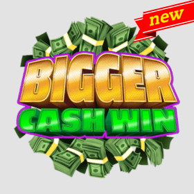 bigger cash win slot game, pile of money behind big lettering of "Bigger Cash Win"