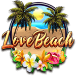 love beach wild symbol, beach with two palm trees and tropical flowers below the lettering Love beach