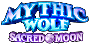 mythic wolf - sacred moon, game logo, in crystal lettering in blue and purple