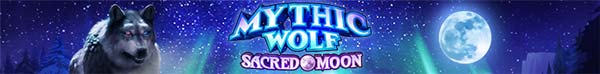 mythic wolf - sacred moon game, mythic wolf with the game name and next to it the sacred moon