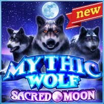 mythic wolf - sacred moon game, three wolves above the mythic wolf - sacred moon logo with a moon on top, new game flag, 
