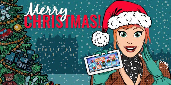 Christmas at Slots Capital, Lotty wearing a Christmas hat, holding a mobile device, wishing you a Merry Christmas 