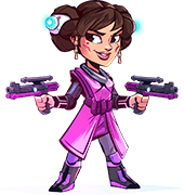 princess  Crystaley from Star Slots Casino game, Women wearing a purple suit in coming style with space buns hair style