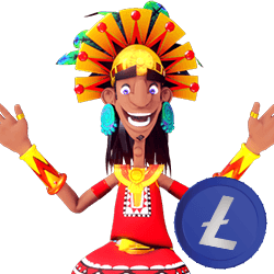incan rich slot character excitingly jumping with Litecoin Icon in front