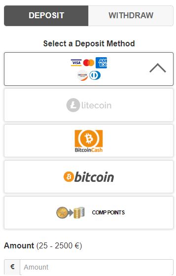 Slotscapital Cashier showing the available deposit methods. Please select Bitcoin here to make your crypto deposit