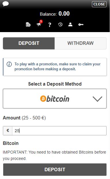 Slots Capital Cashier, enter now the desired amount for your crypto deposit