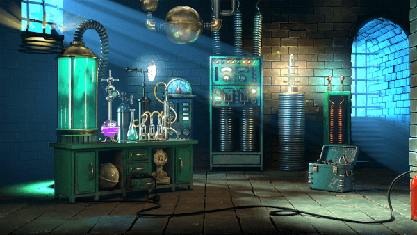 frankenslot's monster, scientist laboratory with bubbling glass sphere setups on the table and a big electronic panel in the background