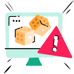 Computer screen with die and a huge warning sign