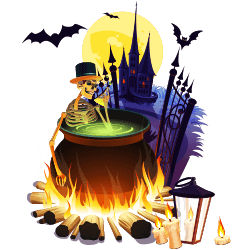 boiling pot with a skeleton with a had in it, bats flying in the back ground and candles are lit in front of the fireplace the pot is standing on