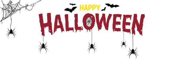 Happy Halloween in spooky lettering, bats flying around in the background and spiders hanging down from the letters