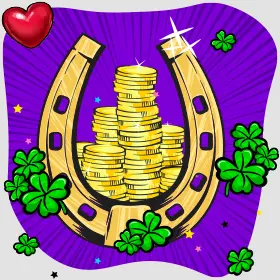 Horseshoe with lucky clovers and pile of coins in the background