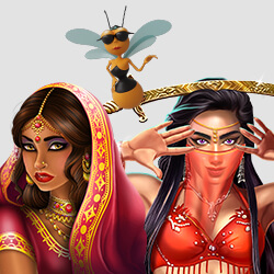 Three female slot characters, Queen Bee from Easy Honey, Princess from Cobra King and Warrior Girl from Oasis Dreams