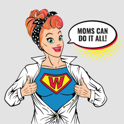 slots lotty wearing a blue shirt underneath a blouse, looking similar to superman, saying "Moms can do it all!