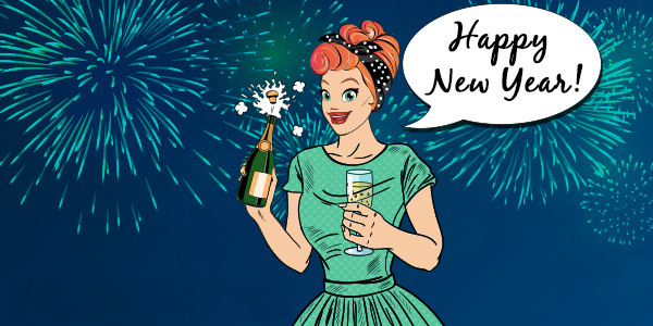 Slots Lotty wearing a green dress holding a champagne bottle wishing you a happy new year while there are fireworks in the background