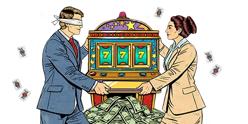 two people on a slot machine, one is blindfolded