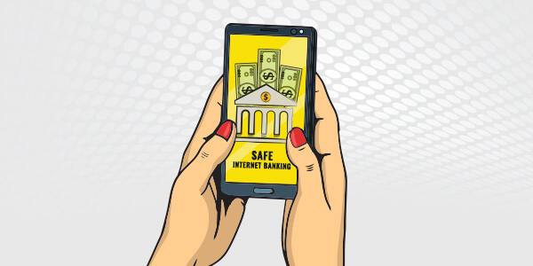 safe internet banking tips, hands holding a smartphone for safe internet banking with light grey background