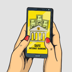 safe internet banking tips, hands holding a smartphone for safe internet banking