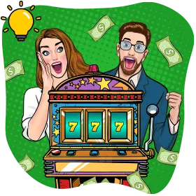 What are social casinos? Two exciting people standing behind a slot machine