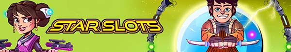 Star Slots game logo on a green background, left and right are the characters  Crystaley and Lance from Star Slot Casino Game