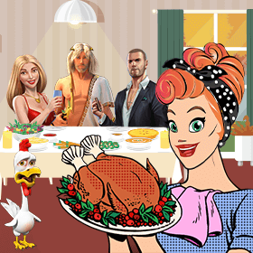 Happy Thanksgiving, Slots Lotty holding a turkey in front of a full seated table of casino slot characters