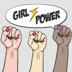 Three female fists in the air and a speaking bubble with "Girl Power" over them!