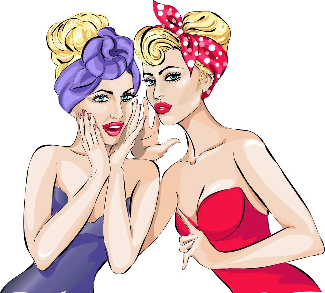 Two retro pin-up women whispering secrets, wearing colorful headwraps and dresses, with bold makeup and vintage flair.