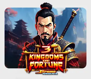 3 Kingdoms of Fortune slot game with the samurai as the forefront and an asian background with mountains and a square roofed building. Game title as well as a 