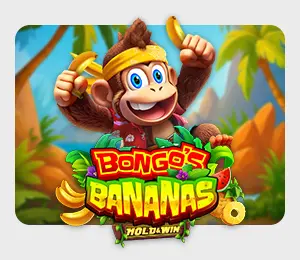Bongo's Bananas slot game image with a tropical background and a cute monkey holding a babana in each hand