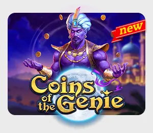 Coins of the genie slot game with a purple genie and beautiful arabian nights background also featuring a new tag as it was just released