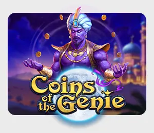 Coins of the genie slot game with a purple genie and beautiful arabian nights background also featuring a new tag as it was just released