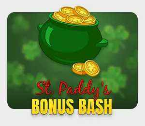 St. Patrick's day bonus bash promotion image with a green background, four leaf clovers as an overlay and a green pot filled with gold coins