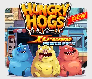Hungry Hogs game tile at Slots Capital featuring the three main characters and the highlight that it's an extreme power pots slot