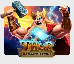 Thor Hammer Strike slot game with the main viking character holding his ars in the air flexing his biceps and holding a heavy hammer in his right hand there is also lightning in the background to symbolize the strike in the game name