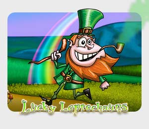 Lucky Leprechauns slot game with a cartoon leprechaun skipping through a field. There is also a rainbow in the distance and he is smoking a tobacco pipe with green smoke coming out of it