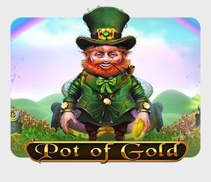 Pot of Gold slot game with a chubby, ragged looking Leprechaun in front of a mountainous background and a purple hue to give an eerie feeling