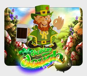 Dublin Your Dough Slot game with a leprechaun holding brown beer and a lucky rainbow in the background, as well as lucky red mushrooms with white dots