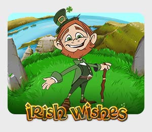 Irish Wishes slot game at Slots Capital Casino featuring a small leprechaun holding a wooden cane, wearing smart green clothes and a four leaf clover in his hat