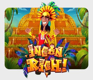Incan Rich slot game with the main character in front of a golden temple and jungle type trees around it, the Incan man is wearing a colourful hat
