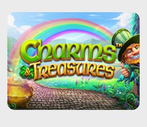 Charms and Treasures slot game with a cobblestone road, leprechaun in a green hat, rainbow and pot of gold