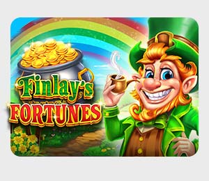 Finlay's Fortunes slot game with a red-haired  leprechaun wearing a green blazer and hat, smoking a tobacco pipe. The game logo features a grey pot filled with gold coins