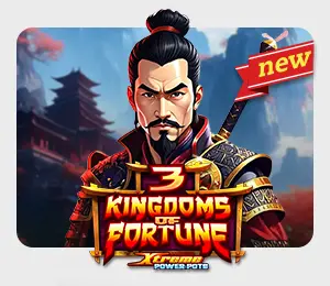 3 Kingdoms of Fortune slot game with the samurai as the forefront and an asian background with mountains and a square roofed building. Game title as well as a 